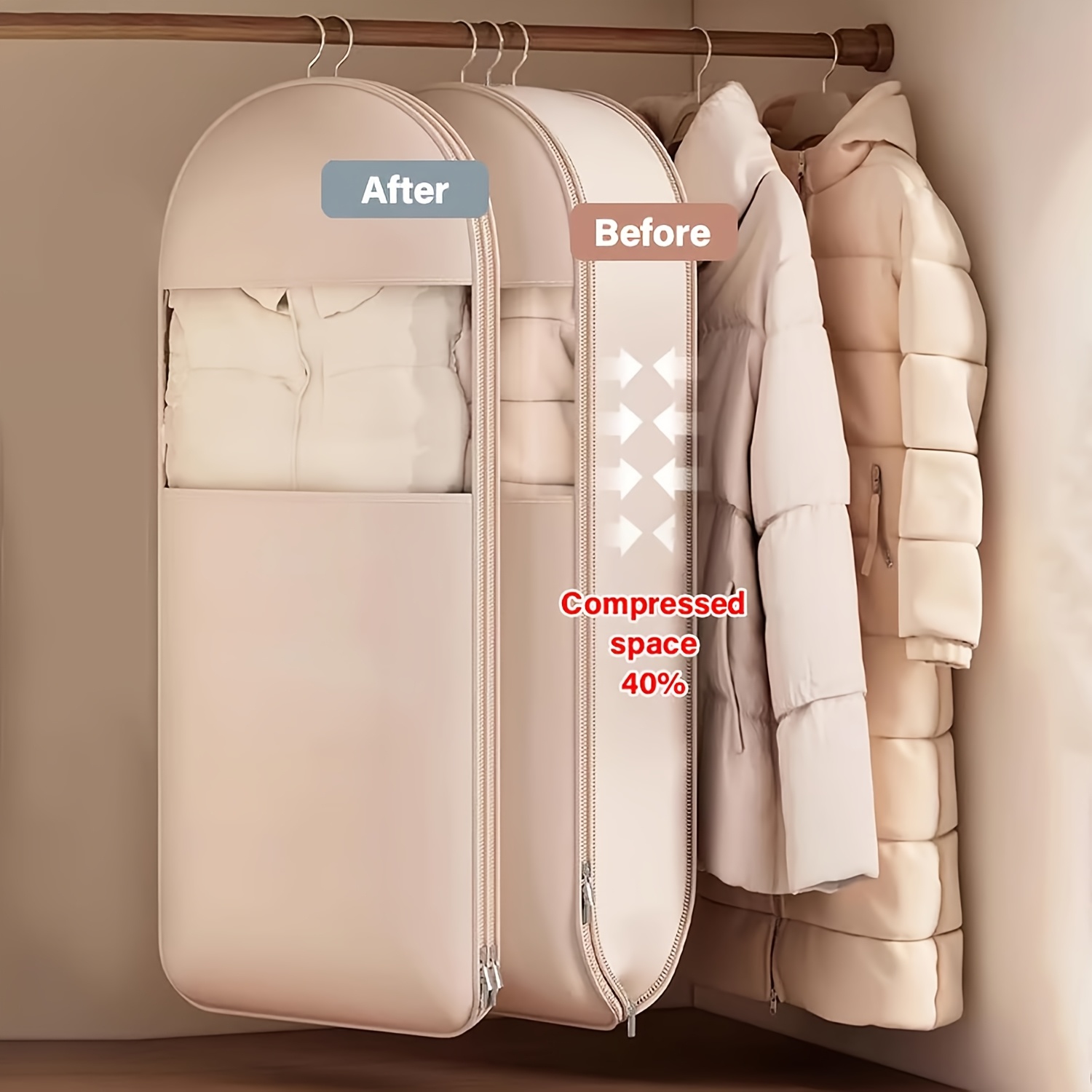 Winter Clothing Storage - Beige Compression Hanging Bag, 40% Space-Saving